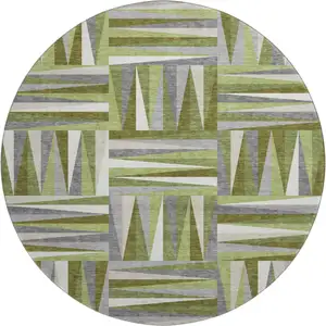 Photo of 8' Green Ivory And Gray Geometric Washable Round Rug With UV Protection