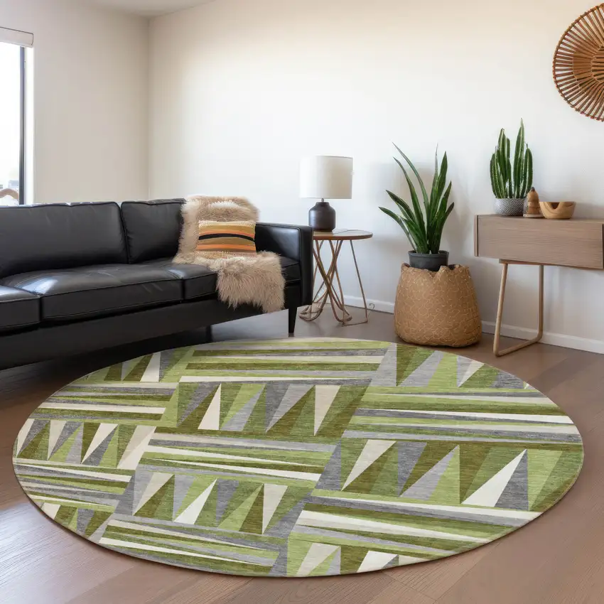 8' Green Ivory And Gray Geometric Washable Round Rug With UV Protection Photo 5