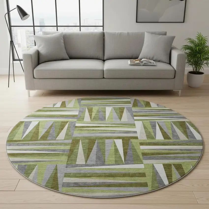8' Green Ivory And Gray Geometric Washable Round Rug With UV Protection Photo 2