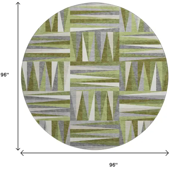 8' Green Ivory And Gray Geometric Washable Round Rug With UV Protection Photo 9