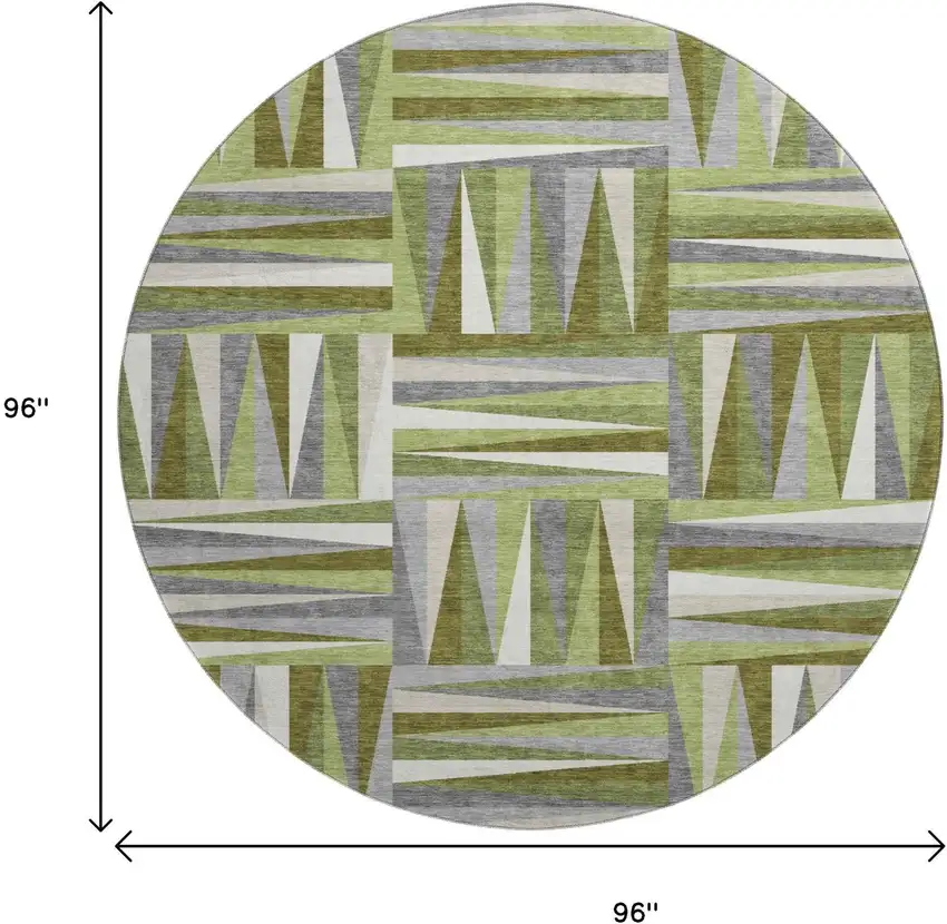 8' Green Ivory And Gray Geometric Washable Round Rug With UV Protection Photo 9