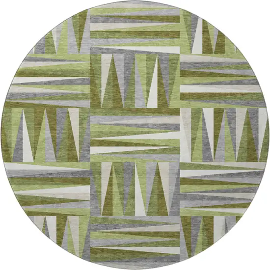8' Green Ivory And Gray Geometric Washable Round Rug With UV Protection Photo 3