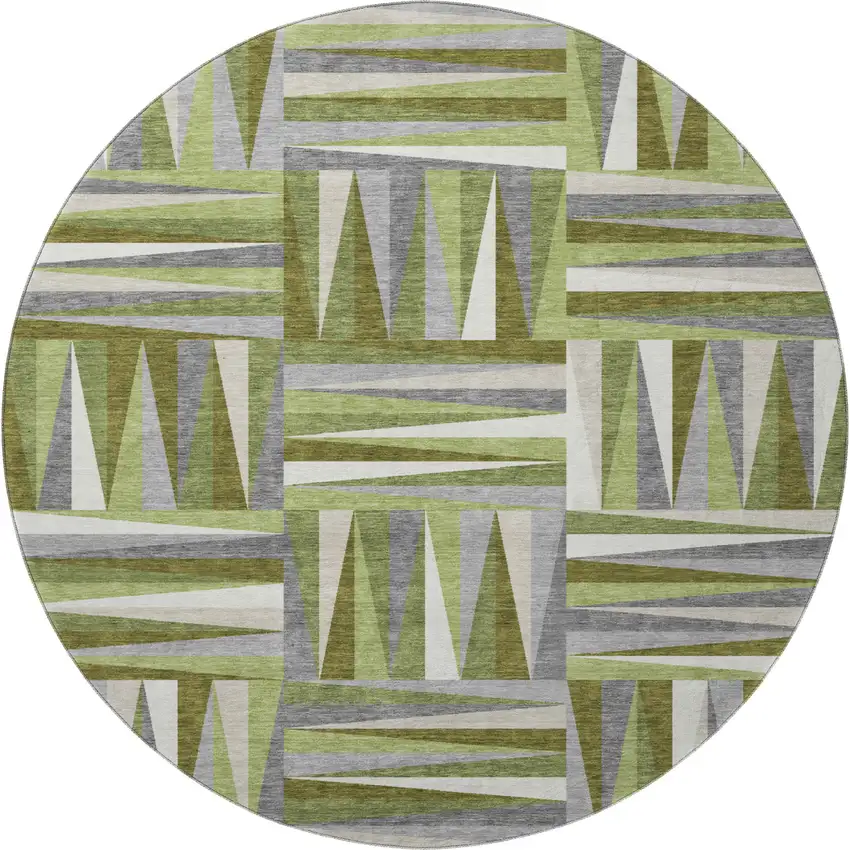 8' Green Ivory And Gray Geometric Washable Round Rug With UV Protection Photo 3