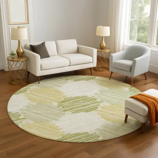 8' Green Ivory And Gray Geometric Washable Round Rug With UV Protection Photo 5