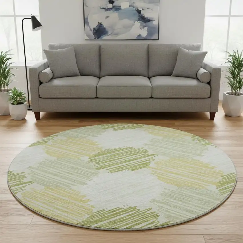 8' Green Ivory And Gray Geometric Washable Round Rug With UV Protection Photo 2