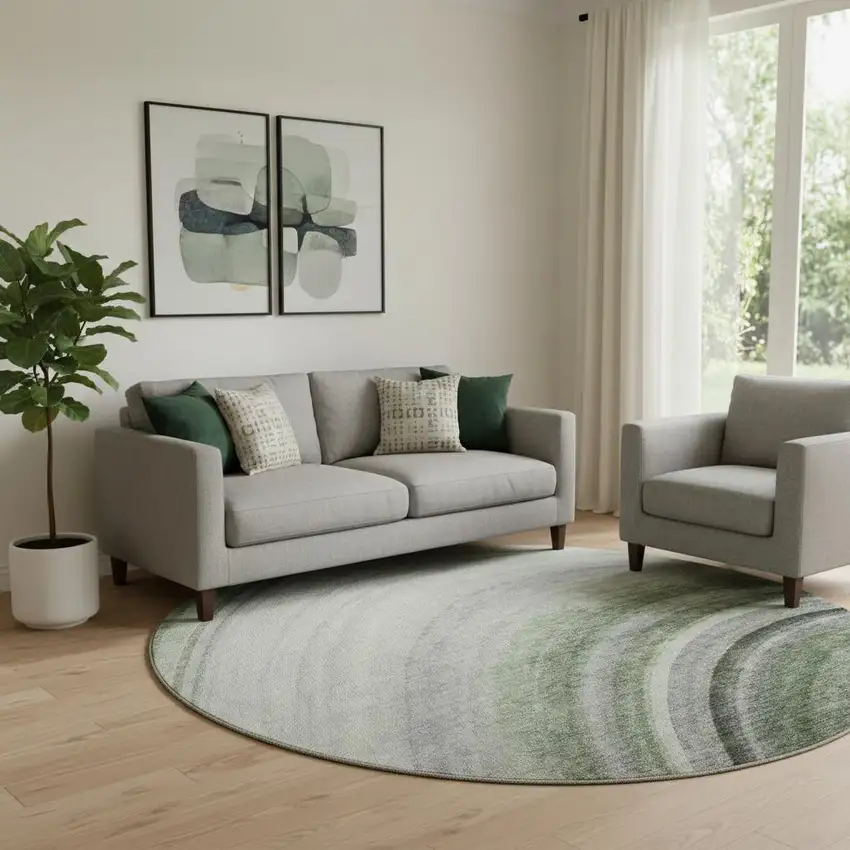 8' Green Ivory And Gray Ombre Washable Round Rug With UV Protection Photo 1