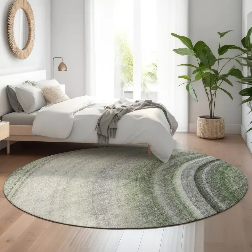 8' Green Ivory And Gray Ombre Washable Round Rug With UV Protection Photo 4