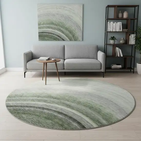 8' Green Ivory And Gray Ombre Washable Round Rug With UV Protection Photo 2
