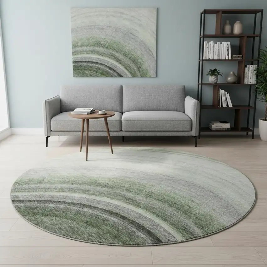 8' Green Ivory And Gray Ombre Washable Round Rug With UV Protection Photo 2