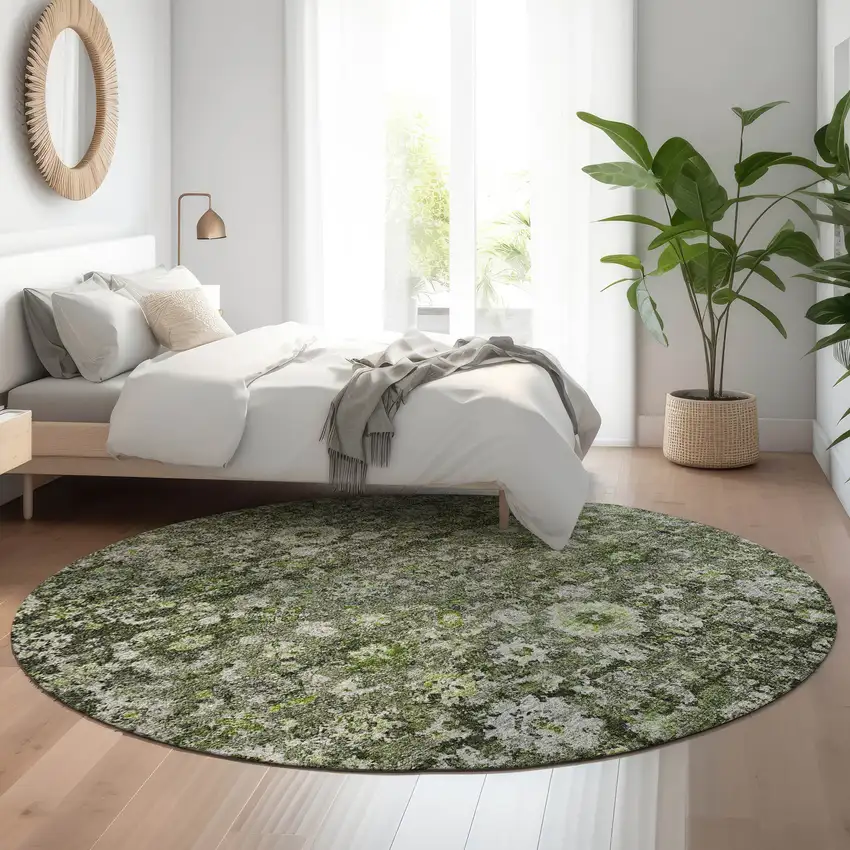 8' Green Ivory And Gray Oriental Washable Round Rug With UV Protection Photo 4