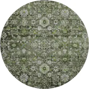 Photo of 8' Green Ivory And Gray Oriental Washable Round Rug With UV Protection