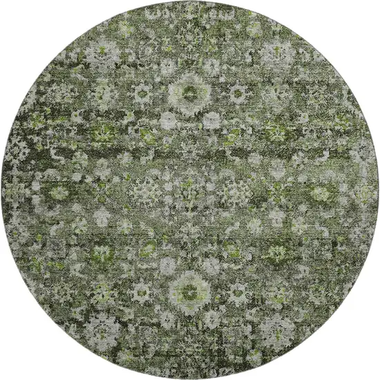 8' Green Ivory And Gray Oriental Washable Round Rug With UV Protection Photo 1