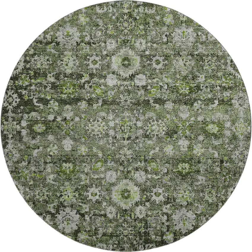 8' Green Ivory And Gray Oriental Washable Round Rug With UV Protection Photo 1