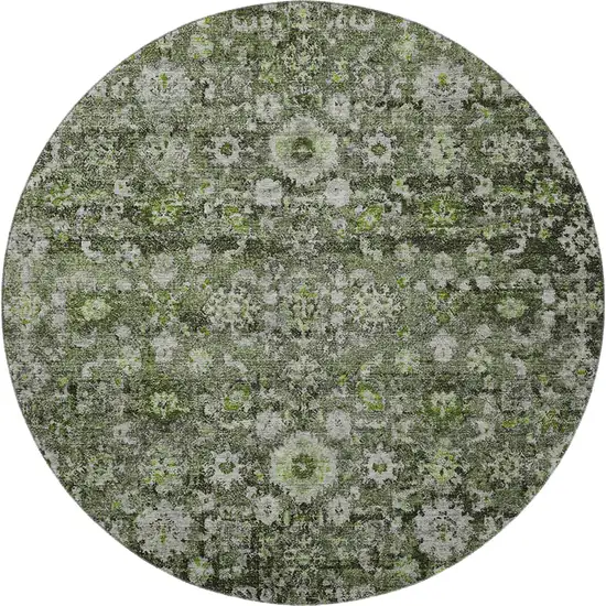 8' Green Ivory And Gray Oriental Washable Round Rug With UV Protection Photo 3
