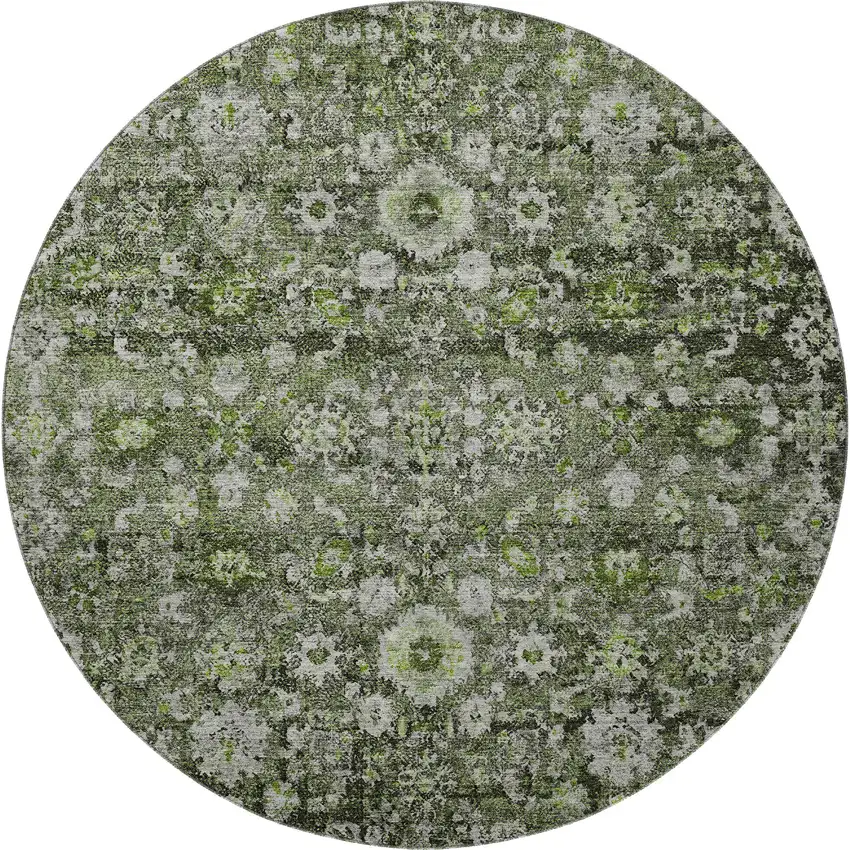 8' Green Ivory And Gray Oriental Washable Round Rug With UV Protection Photo 3