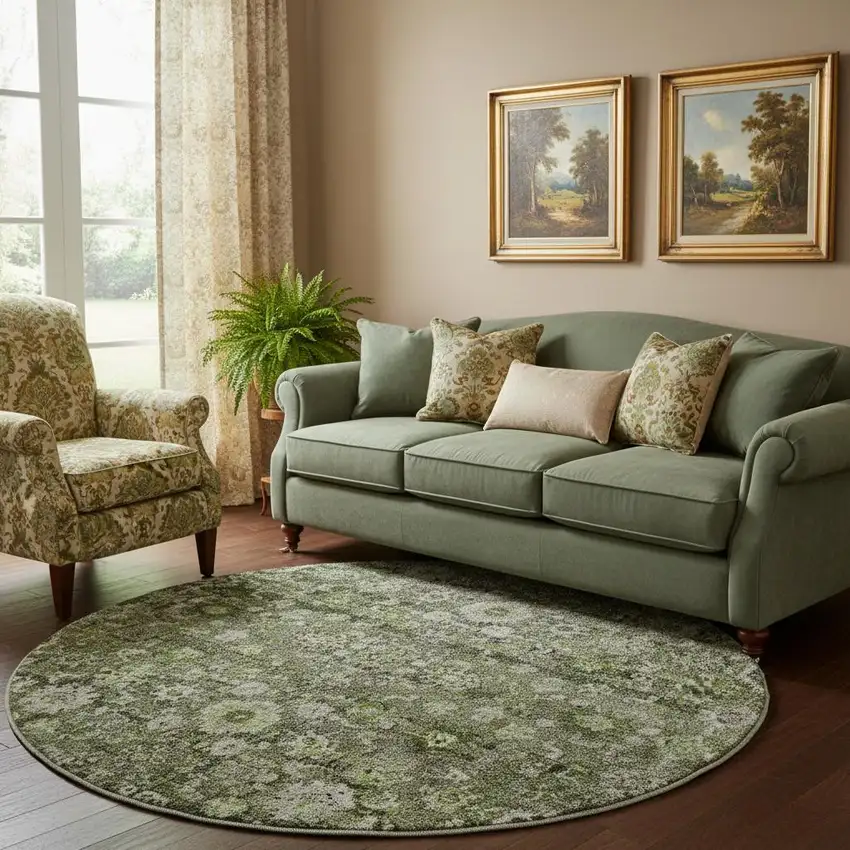 8' Green Ivory And Gray Oriental Washable Round Rug With UV Protection Photo 1