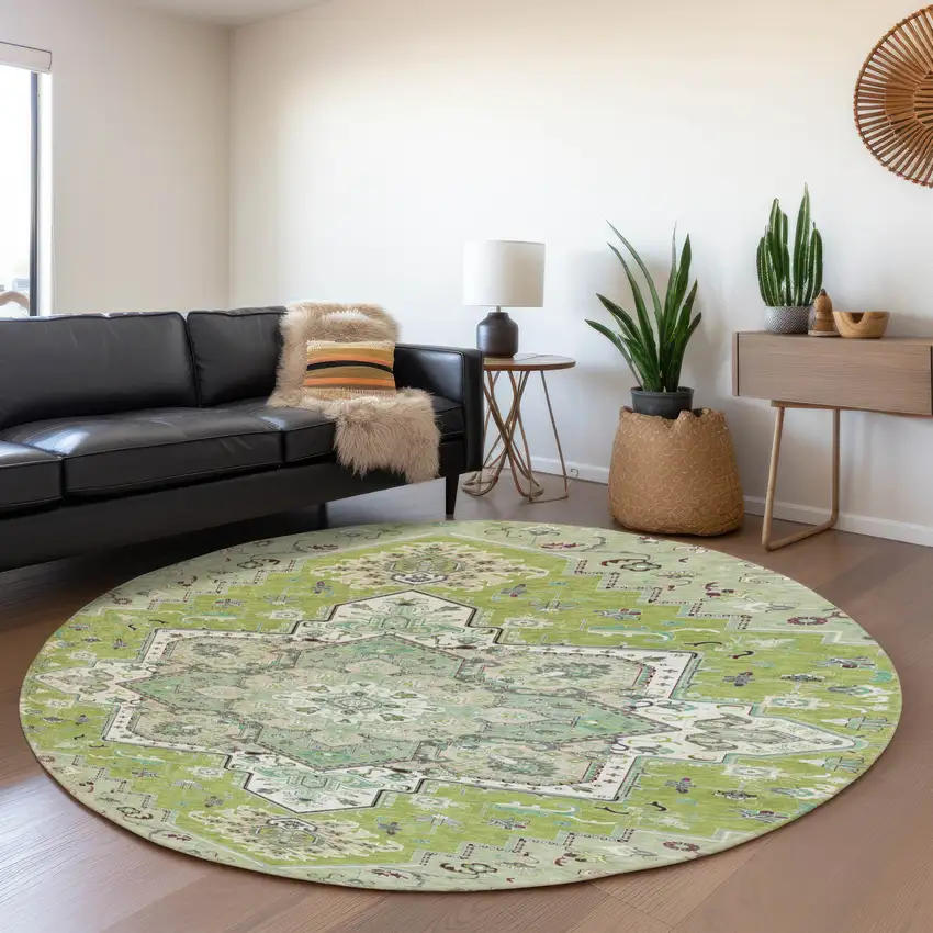 8' Green Ivory And Gray Oriental Washable Round Rug With UV Protection Photo 4