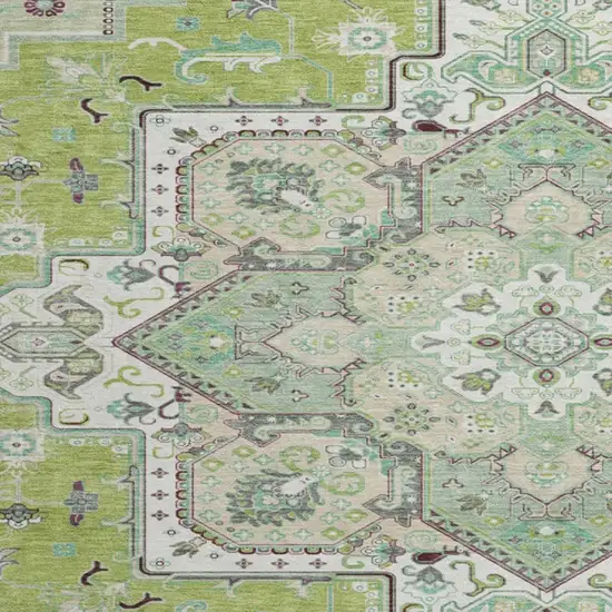 8' Green Ivory And Gray Oriental Washable Round Rug With UV Protection Photo 2