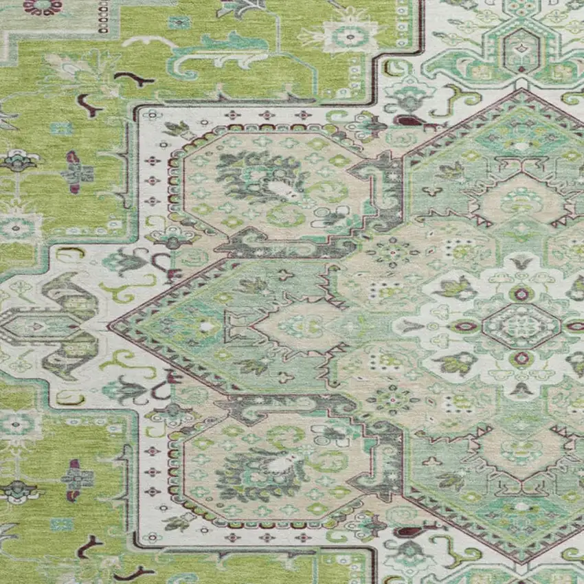 8' Green Ivory And Gray Oriental Washable Round Rug With UV Protection Photo 2