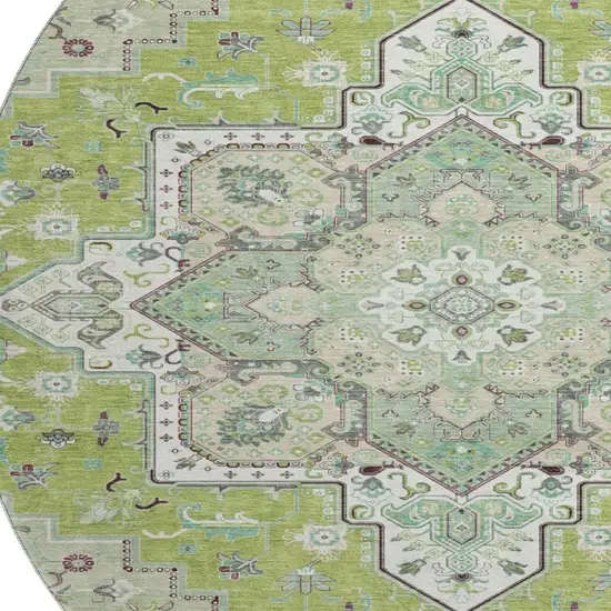 8' Green Ivory And Gray Oriental Washable Round Rug With UV Protection Photo 3