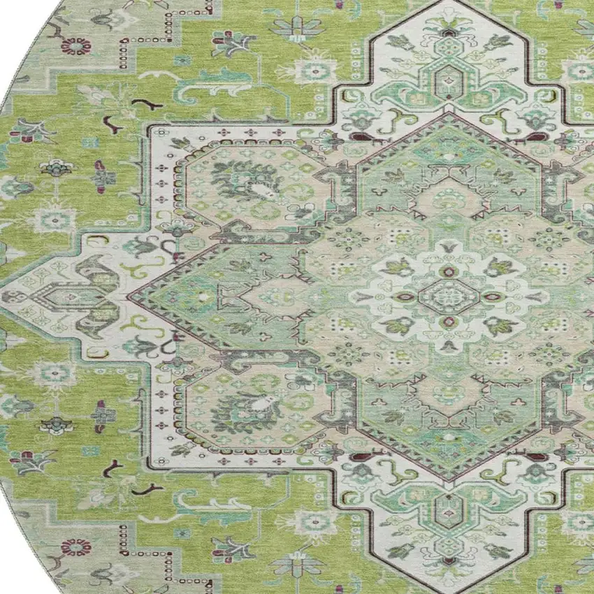 8' Green Ivory And Gray Oriental Washable Round Rug With UV Protection Photo 3