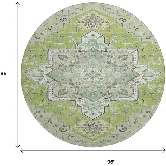 8' Green Ivory And Gray Oriental Washable Round Rug With UV Protection Photo 9