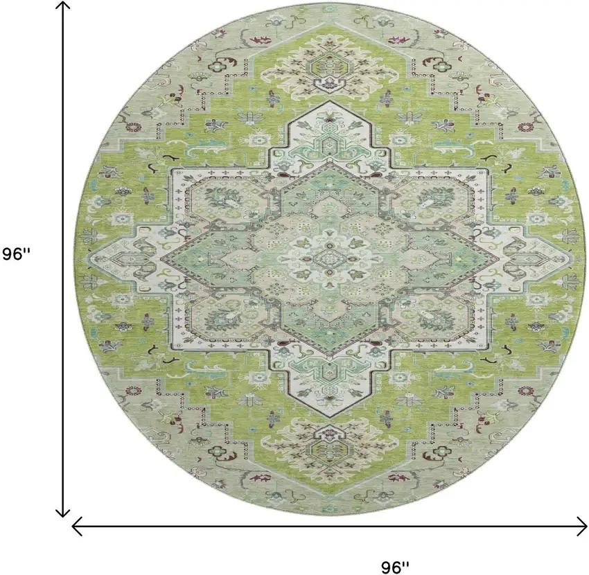 8' Green Ivory And Gray Oriental Washable Round Rug With UV Protection Photo 9