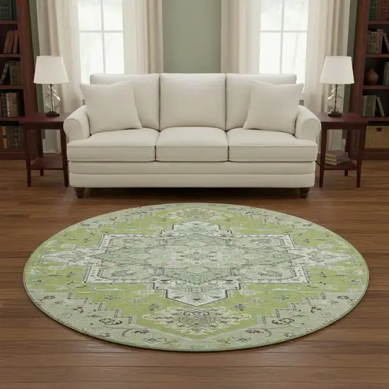 8' Green Ivory And Gray Oriental Washable Round Rug With UV Protection Photo 2