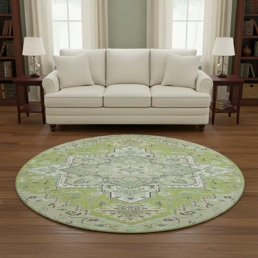 8' Green Ivory And Gray Oriental Washable Round Rug With UV Protection Photo 2