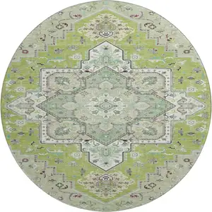 Photo of 8' Green Ivory And Gray Oriental Washable Round Rug With UV Protection
