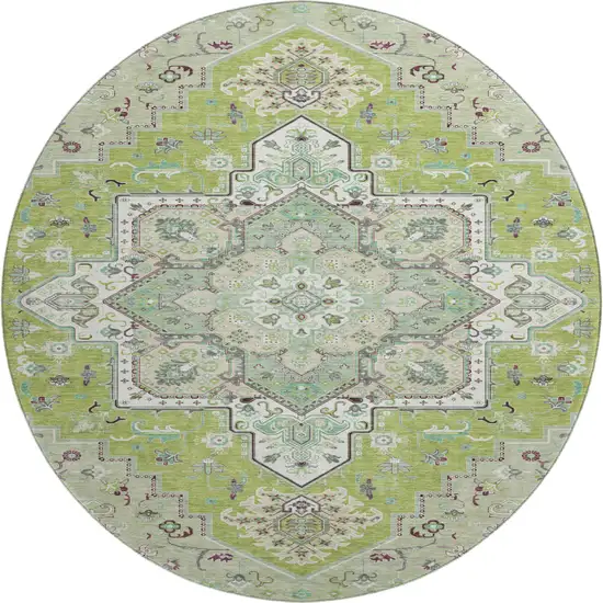 8' Green Ivory And Gray Oriental Washable Round Rug With UV Protection Photo 1