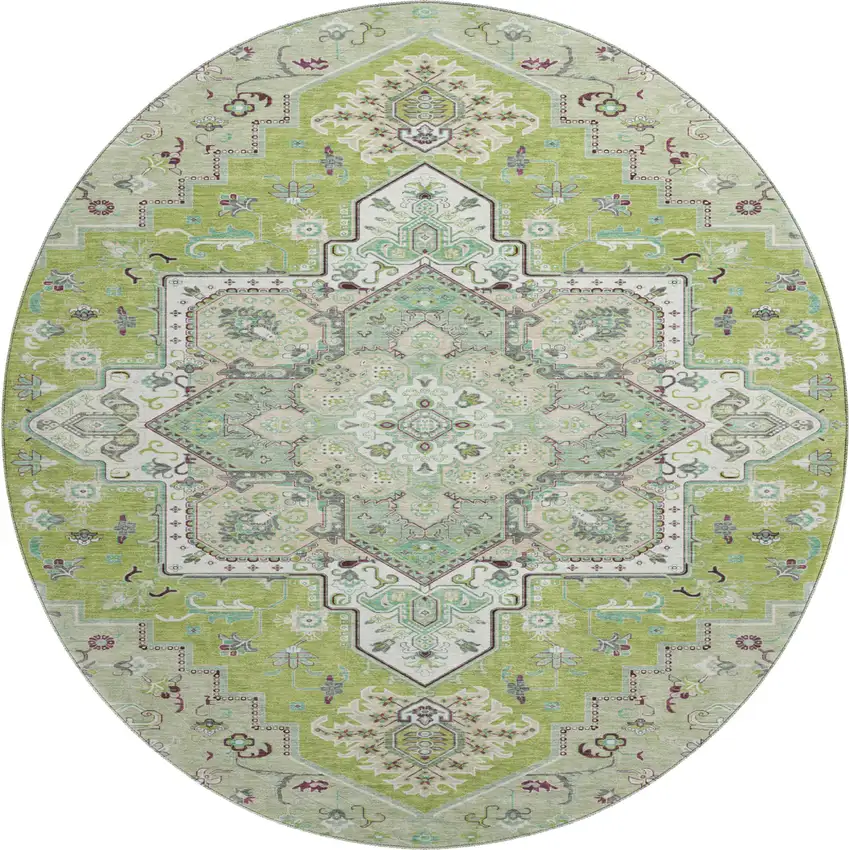 8' Green Ivory And Gray Oriental Washable Round Rug With UV Protection Photo 1