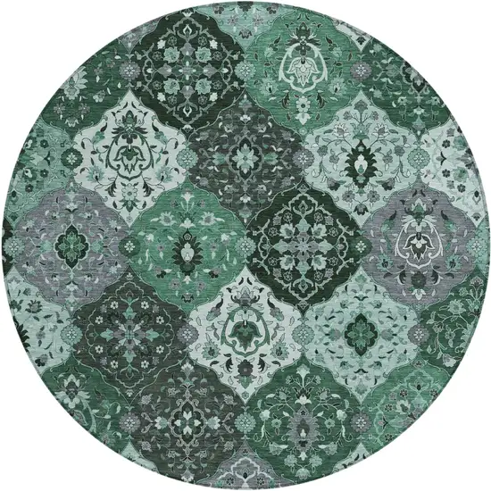 8' Green Ivory And Gray Round Floral Medallion Washable Indoor Outdoor Area Rug Photo 2