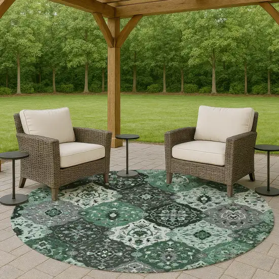 8' Green Ivory And Gray Round Floral Medallion Washable Indoor Outdoor Area Rug Photo 8