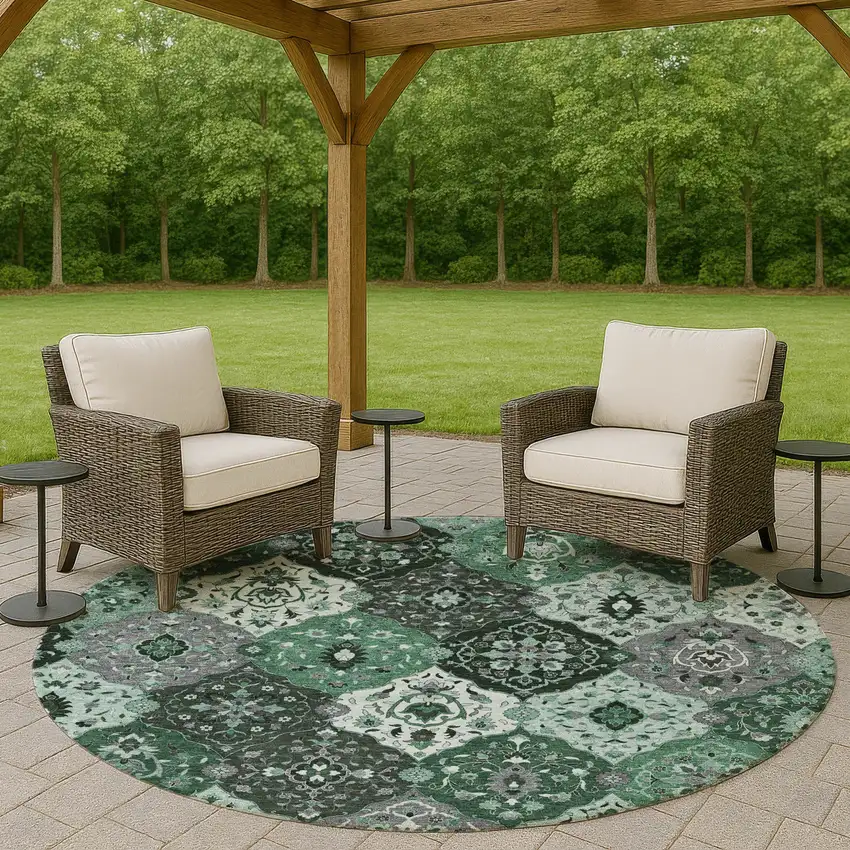 8' Green Ivory And Gray Round Floral Medallion Washable Indoor Outdoor Area Rug Photo 8