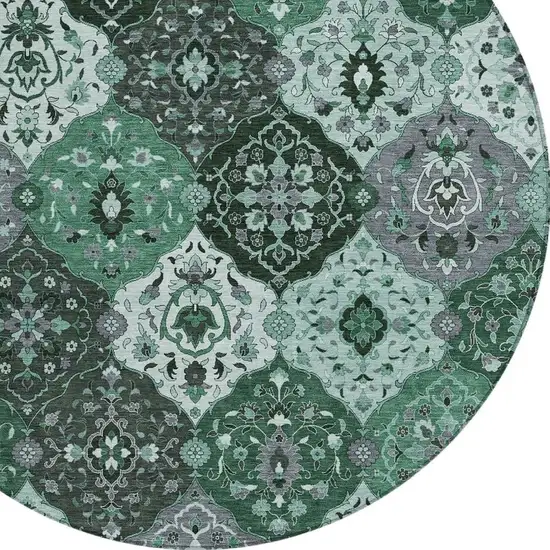 8' Green Ivory And Gray Round Floral Medallion Washable Indoor Outdoor Area Rug Photo 7