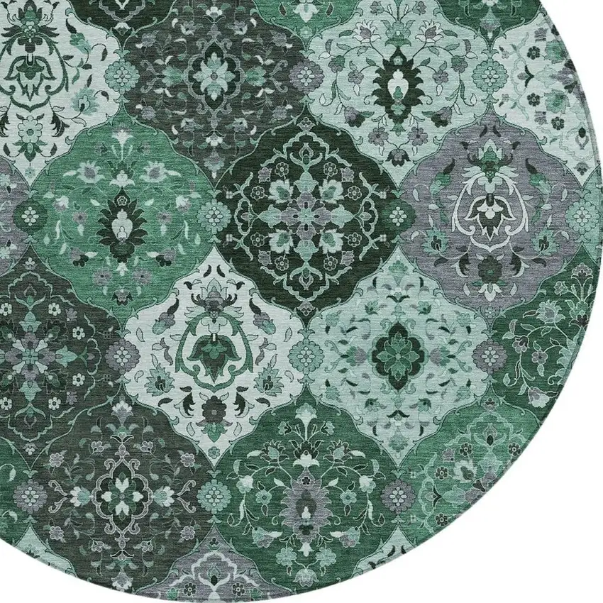 8' Green Ivory And Gray Round Floral Medallion Washable Indoor Outdoor Area Rug Photo 7
