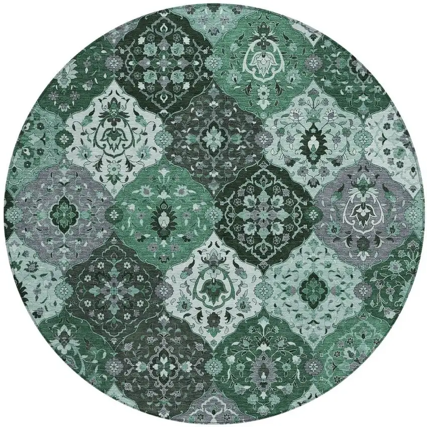 8' Green Ivory And Gray Round Floral Medallion Washable Indoor Outdoor Area Rug Photo 4