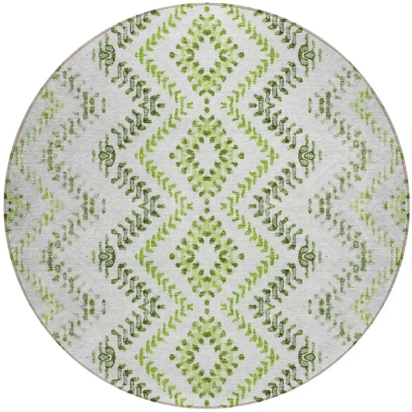 8' Green Ivory And Gray Round Geometric Washable Indoor Outdoor Area Rug Photo 4