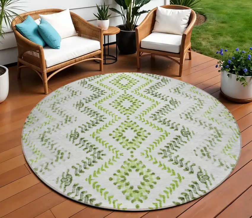 8' Green Ivory And Gray Round Geometric Washable Indoor Outdoor Area Rug Photo 1