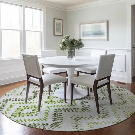 8' Green Ivory And Gray Round Geometric Washable Indoor Outdoor Area Rug Photo 7