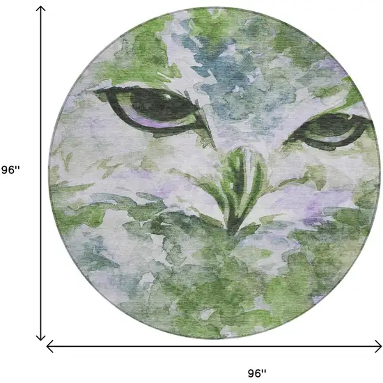 8' Green Ivory And Gray Round Owl Washable Indoor Outdoor Area Rug Photo 3