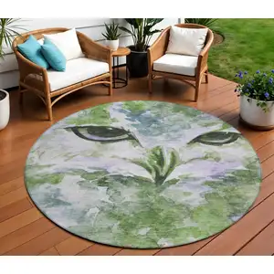 Photo of 8' Green Ivory And Gray Round Owl Washable Indoor Outdoor Area Rug