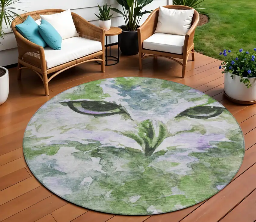8' Green Ivory And Gray Round Owl Washable Indoor Outdoor Area Rug Photo 1