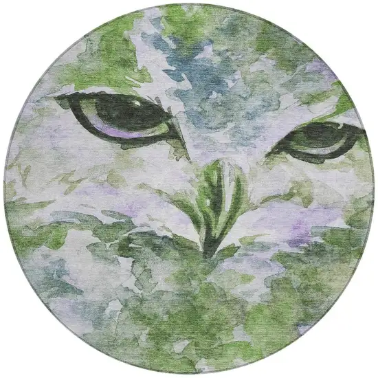 8' Green Ivory And Gray Round Owl Washable Indoor Outdoor Area Rug Photo 4