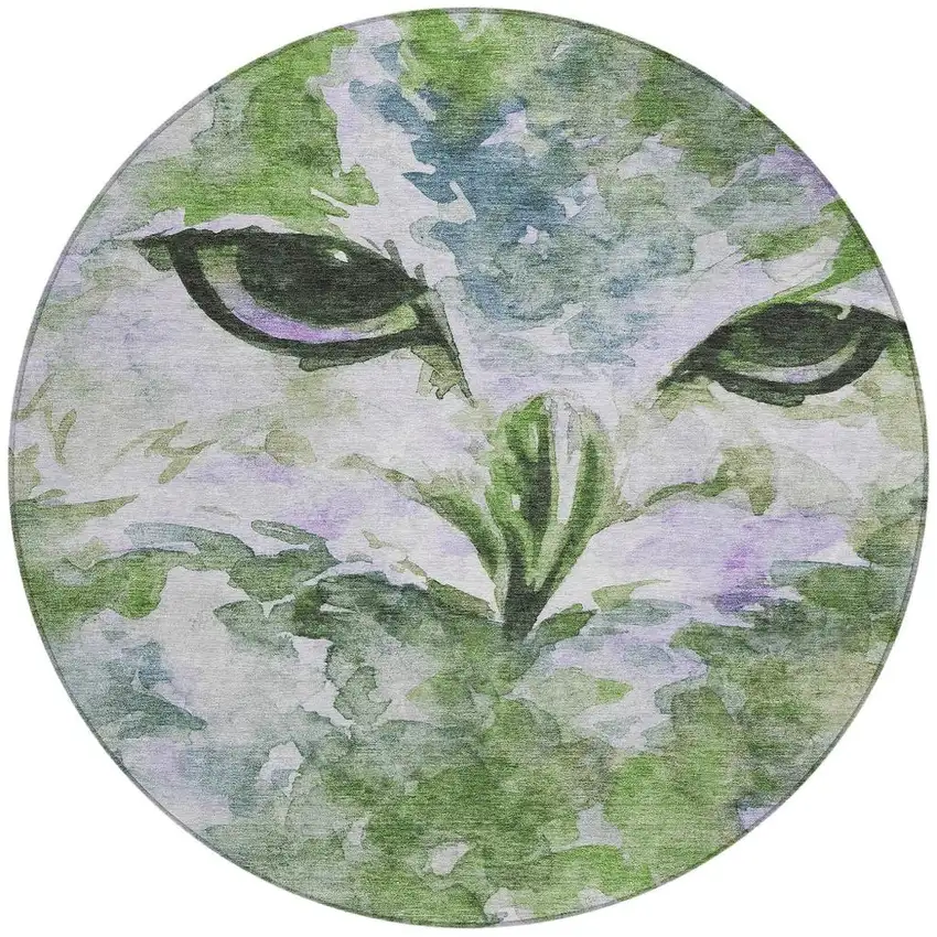 8' Green Ivory And Gray Round Owl Washable Indoor Outdoor Area Rug Photo 4