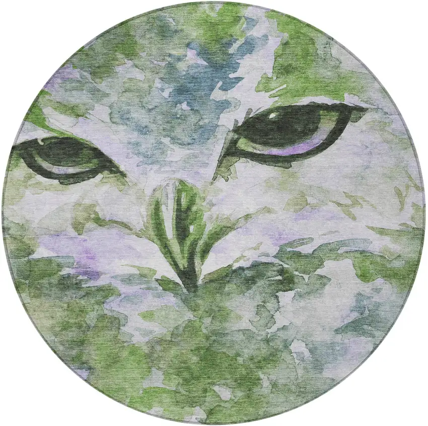 8' Green Ivory And Gray Round Owl Washable Indoor Outdoor Area Rug Photo 5