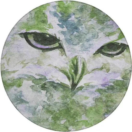 8' Green Ivory And Gray Round Owl Washable Indoor Outdoor Area Rug Photo 2