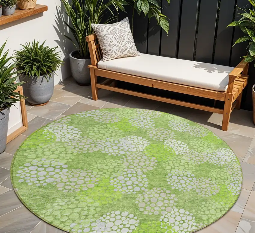 8' Green Ivory And Gray Round Polka Dot Washable Indoor Outdoor Area Rug Photo 1