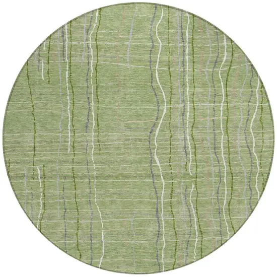 8' Green Ivory And Gray Round Striped Washable Indoor Outdoor Area Rug Photo 5